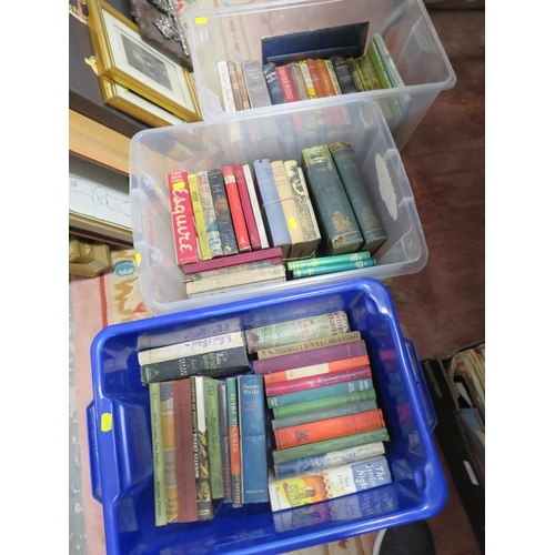 124 - THREE BOXES OF VINTAGE HARDBACK BOOKS INCLUDING CRIME, NOVELS, NON FICTION, MILITARY ETC