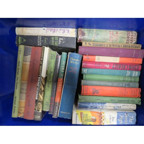 124 - THREE BOXES OF VINTAGE HARDBACK BOOKS INCLUDING CRIME, NOVELS, NON FICTION, MILITARY ETC