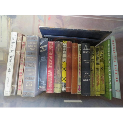 124 - THREE BOXES OF VINTAGE HARDBACK BOOKS INCLUDING CRIME, NOVELS, NON FICTION, MILITARY ETC