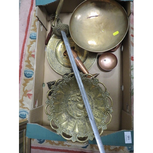 146 - A BOX OF BRASS / BRONZE TO INCLUDE A SWORD