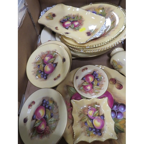 154 - TWO TRAYS OF ASSORTED AYNSLEY 'ORCHARD GOLD' CERAMICS INCLUDING VASES, CUPS, PLATES DISHES ETC - SIG... 