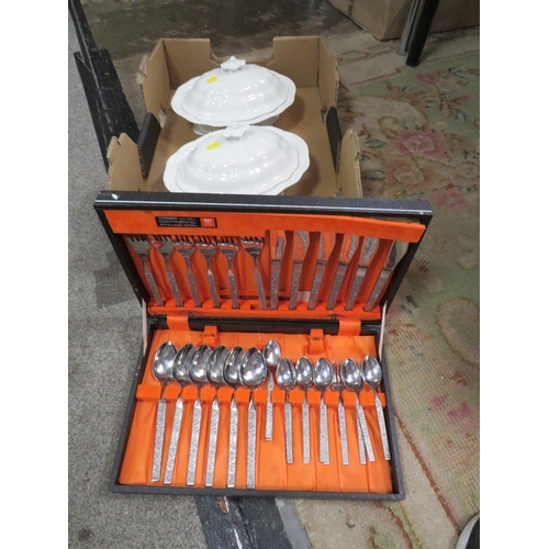 173 - A CANTEEN OF WEBBER & HILL CONTINENTAL STAINLESS STEEL CUTLERY TOGETHER WITH TWO TUREENS