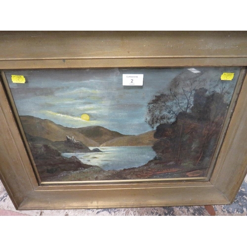 2 - A 19TH / 20TH CENTURY OIL ON BOARD MOON LIT WOODED LAKE SCENE - FRAMED AND GLAZED
