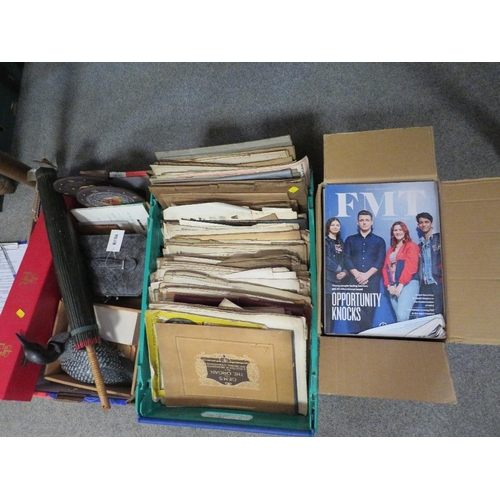 203 - A TRAY OF SUNDRIES TO INCLUDE MANTEL CLOCK ETC TOGETHER WITH A TRAY OF SHEET MUSIC