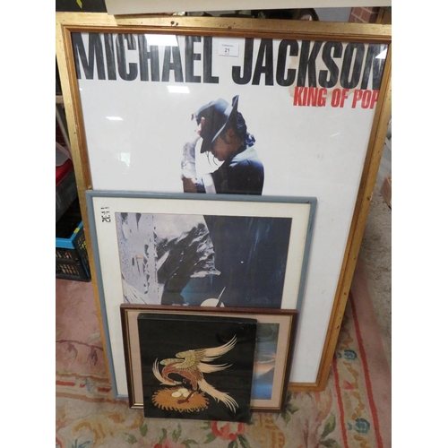21 - A QUANTITY OF ASSORTED PICTURES AND PRINTS TO INCLUDE MICHAEL JACKSON POSTER ETC