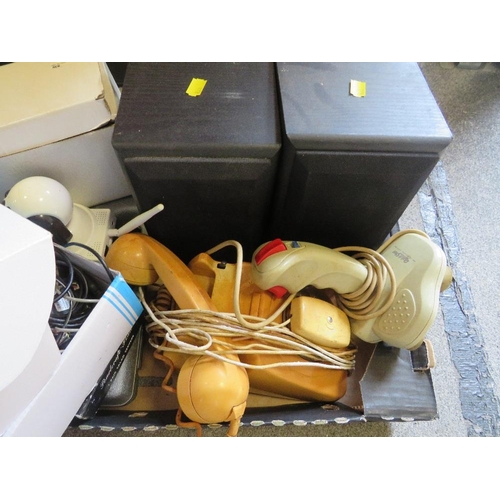 214 - A TRAY OF SUNDRIES TO INCLUDE VINTAGE TELEPHONE, SPEAKERS ETC