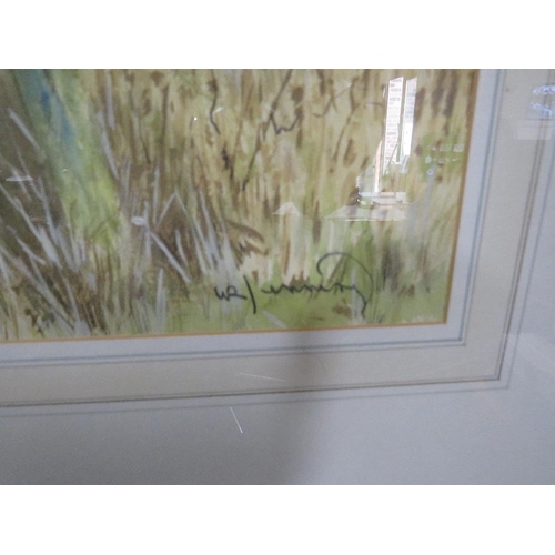 23 - A LARGE SIGNED WATERCOLOUR PAINTING OF BIRDS IN WATERSIDE WOODLAND