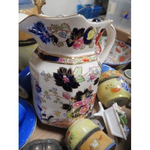 259 - A TRAY OF ASSORTED CERAMICS ETC TO INCLUDE A MASONS JUG