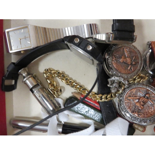 268 - A TRAY OF COLLECTABLE'S TO INCLUDE VINTAGE CALCULATORS, WRIST WATCH, POCKET WATCH ETC