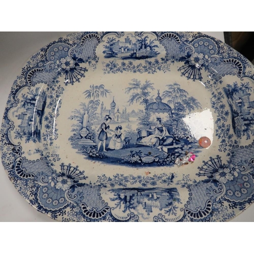 273 - THREE VINTAGE SERVING PLATES TO INCLUDE BLUE /WHITE EXAMPLE