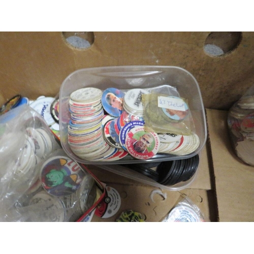 307 - A BOX CONTAINING A LARGE QUANTITY OF POGS AND TAZOS