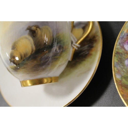 317 - A PAIR OF ROYAL WORCESTER CABINET CUPS AND SAUCERS INCLUDING SHEEP AND FRUIT