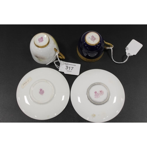 317 - A PAIR OF ROYAL WORCESTER CABINET CUPS AND SAUCERS INCLUDING SHEEP AND FRUIT