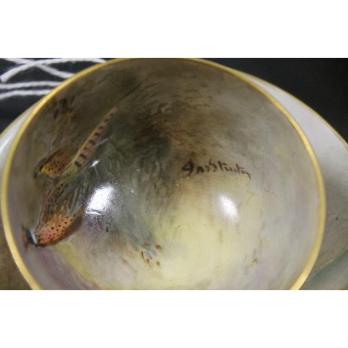 322 - A PAIR OF ROYAL WORCESTER 'PHEASANT' CABINET CUPS AND SAUCERS - SIGNED J.A. STINTON C1921