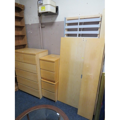 730 - THREE BEECH MODERN CHESTS AND BED FRAME