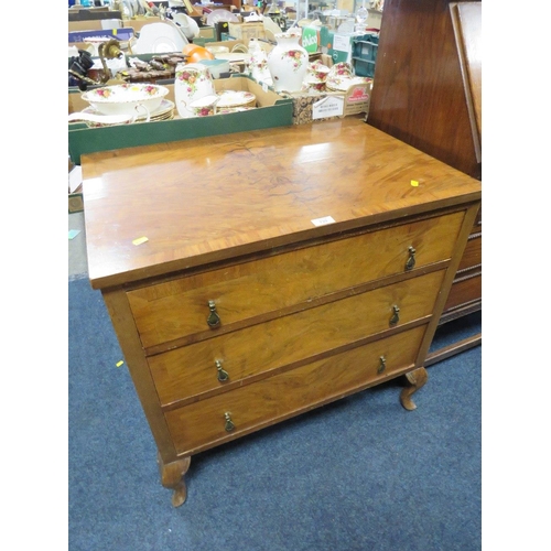 739 - A SMALL WALNUT VENEER THREE DRAWER CHEST - W 76.5 CM