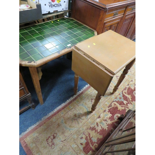 741 - AN OAK TILE TOP TABLE TOGETHER WITH A SMALL TABLE (2)