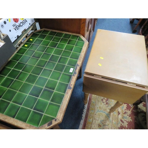 741 - AN OAK TILE TOP TABLE TOGETHER WITH A SMALL TABLE (2)