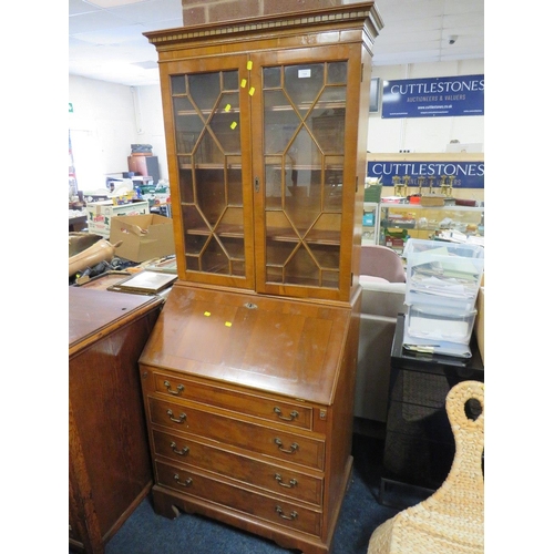 744 - A YEW WOOD BUREAU BOOKCASE