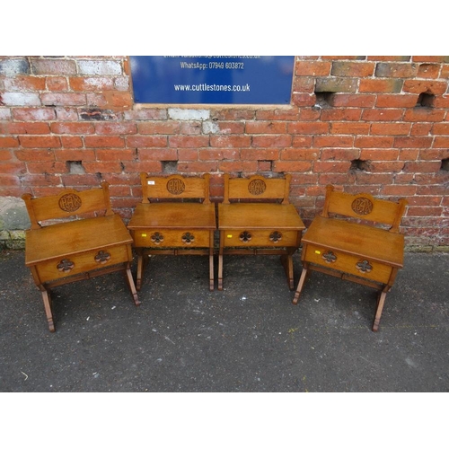 782 - A SET OF FOUR ECCLESIASTICAL OAK CARVED CHURCH STOOLS  - 'ST MARYS ABBEY'