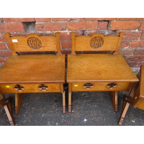 782 - A SET OF FOUR ECCLESIASTICAL OAK CARVED CHURCH STOOLS  - 'ST MARYS ABBEY'