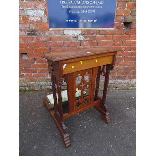 788 - AN OAK CARVED ECCLESIASTICAL PRAYER STAND WITH FOLD DOWN KNEE STAND  - 'ST MARYS ABBEY'