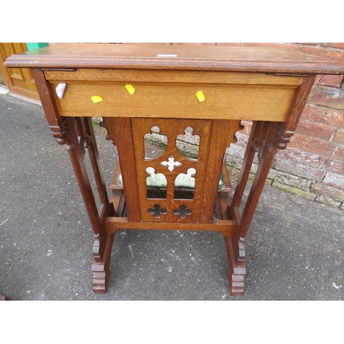 788 - AN OAK CARVED ECCLESIASTICAL PRAYER STAND WITH FOLD DOWN KNEE STAND  - 'ST MARYS ABBEY'