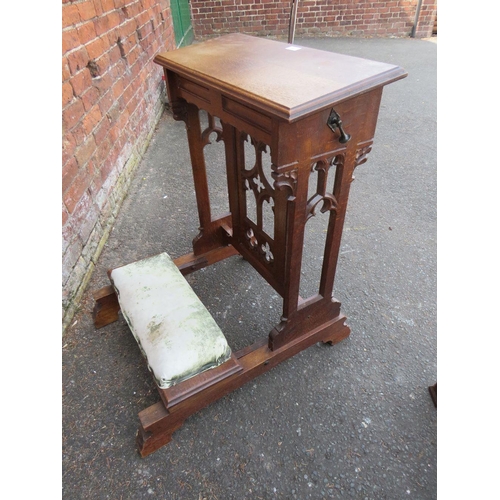 788 - AN OAK CARVED ECCLESIASTICAL PRAYER STAND WITH FOLD DOWN KNEE STAND  - 'ST MARYS ABBEY'