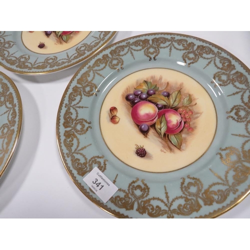 341 - SIX AYNSLEY 'ORCHARD GOLD' CABINET PLATES - SIGNED ( 6 LIGHT BLUE  )