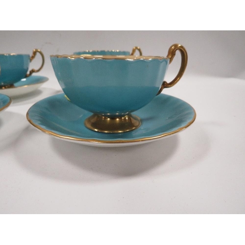 342 - SIX AYNSLEY 'ORCHARD GOLD' CABINET CUPS AND SAUCERS - LIGHT BLUE - SIGNED