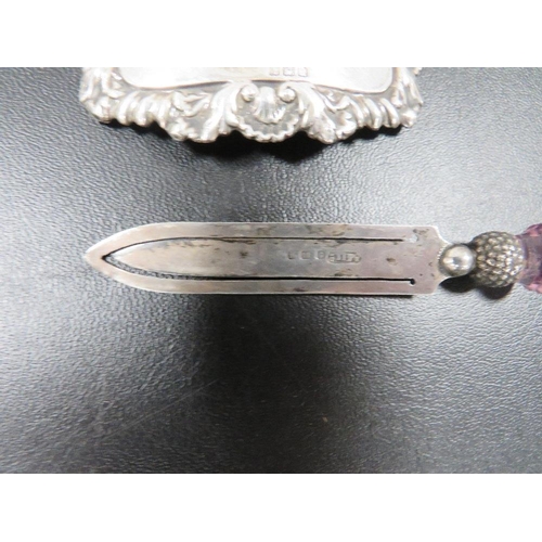 347 - A HALLMARKED SILVER PAGE MARKER AND SILVER WINE LABEL