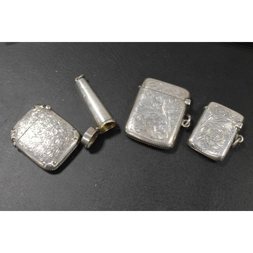 377 - A SILVER CHEROOT HOLDER TOGETHER WITH THREE HALLMARKED SILVER VESTA CASES (4)