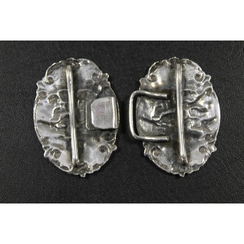 386 - A HALLMARKED SILVER ASHTRAY TOGETHER WITH A HALLMARKED SILVER TOPPED TRINKET AND A WHITE METAL BELT ... 