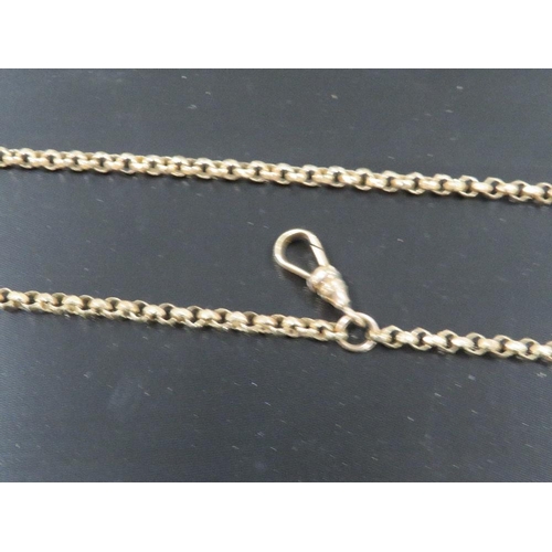 393 - A ROLLED GOLD LONG MUFF CHAIN