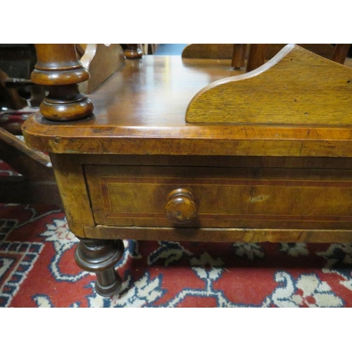 806 - A 19TH CENTURY WALNUT AND INLAID CANTERBURY WITH DRAWER, RAISED ON CASTORS - W 56 CM