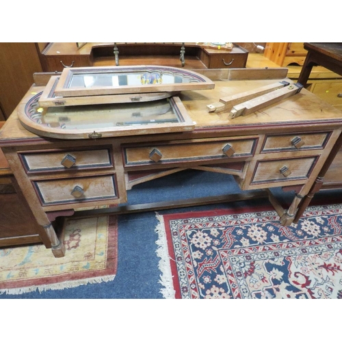 809 - AN OAK GOTHIC STYLE DRESSING TABLE - MIRRORS PRESENT BUT DETACHED, TOGETHER WITH A SEWING BOX (2)