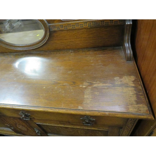 832 - A VINTAGE OAK MIRROR BACK SIDEBOARD