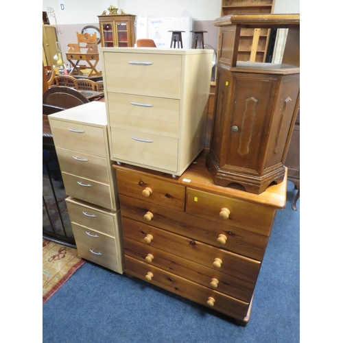 835 - A HONEY PINE CHEST, THREE MODERN CHESTS AND A CABINET (5)