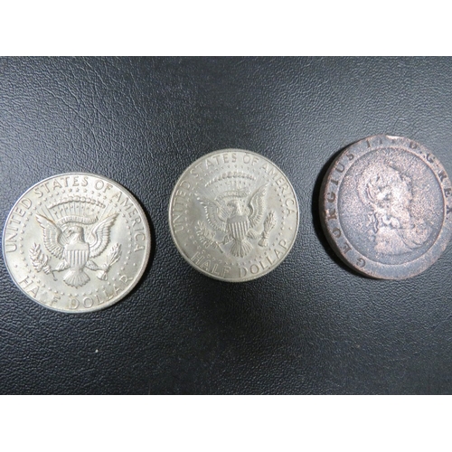 435 - TWO 1967 HALF DOLLARS AND A 1797 CARTWHEEL HALFPENNY