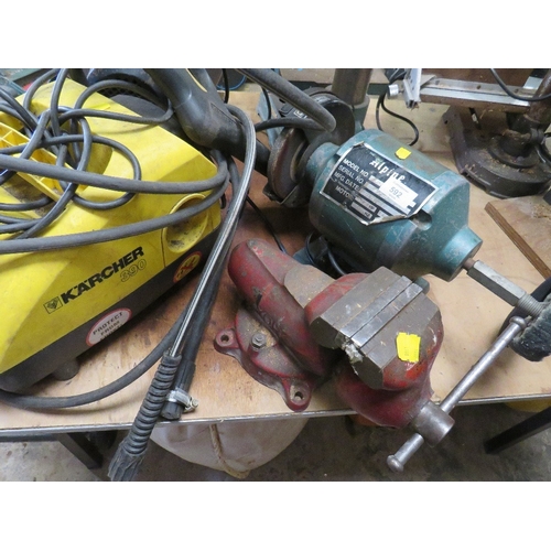 592 - AN ENGINEERS YORK 100 SWIVEL VICE, AN ALPINE BENCH GRINDER / POLISHER AND A KARCHER PRESSURE WASHER