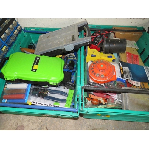 663 - A LARGE RACK OF PLASTIC STORAGE DRAWERS AND CONTENTS TOGETHER WITH TWO TRAYS OF TOOLS AND CONSUMABLE... 