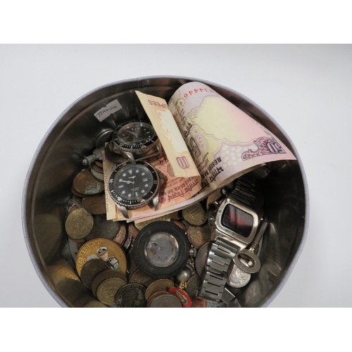 473 - A TIN OF COINS, NOTES, WATCHES ETC