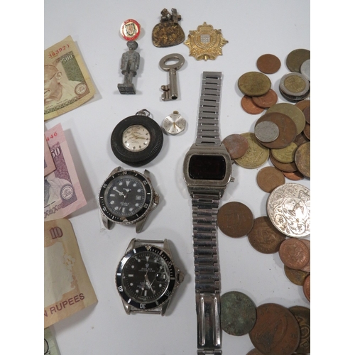 473 - A TIN OF COINS, NOTES, WATCHES ETC