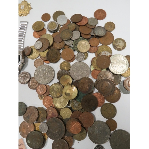 473 - A TIN OF COINS, NOTES, WATCHES ETC