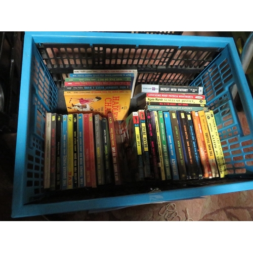 487 - THREE TRAYS OF VINTAGE PAPERBACKS INCLUDING CRIME