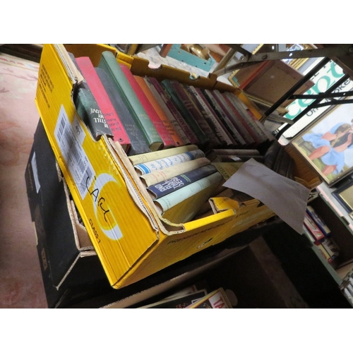 491 - THREE TRAYS OF HARDBACK BOOKS INCLUDING CRIME, H&S YELLOW JACKETS, PETER CHENEY, RAYMOND CHANDLER, J... 