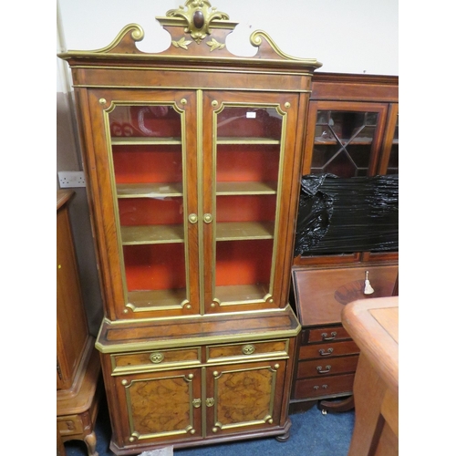 723 - A VICTORIAN WALNUT AND GILT GLAZED BOOKCASE H 228  W 103 CM