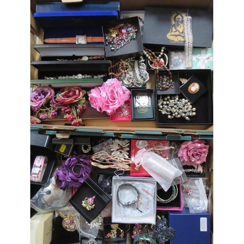 56 - TWO LARGE TRAYS OF ASSORTED COSTUME JEWELLERY ETC., to include examples by Christopher Radko, Kirks ... 