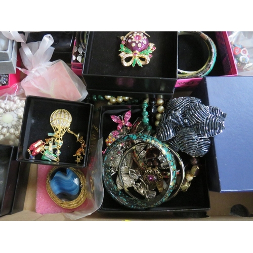 56 - TWO LARGE TRAYS OF ASSORTED COSTUME JEWELLERY ETC., to include examples by Christopher Radko, Kirks ... 