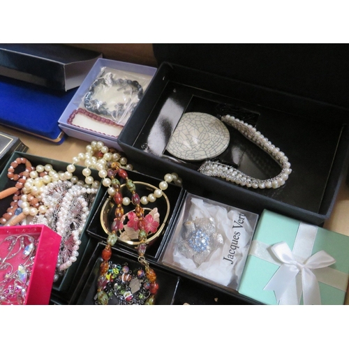 56 - TWO LARGE TRAYS OF ASSORTED COSTUME JEWELLERY ETC., to include examples by Christopher Radko, Kirks ... 